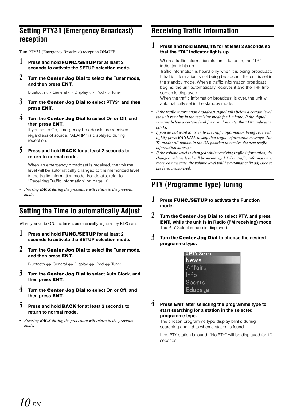 Setting pty31 (emergency broadcast) reception, Setting the time to automatically adjust, Receiving traffic information | Pty (programme type) tuning, Setting pty31 (emergency broadcast), Reception | Alpine iDA-X001 User Manual | Page 12 / 35