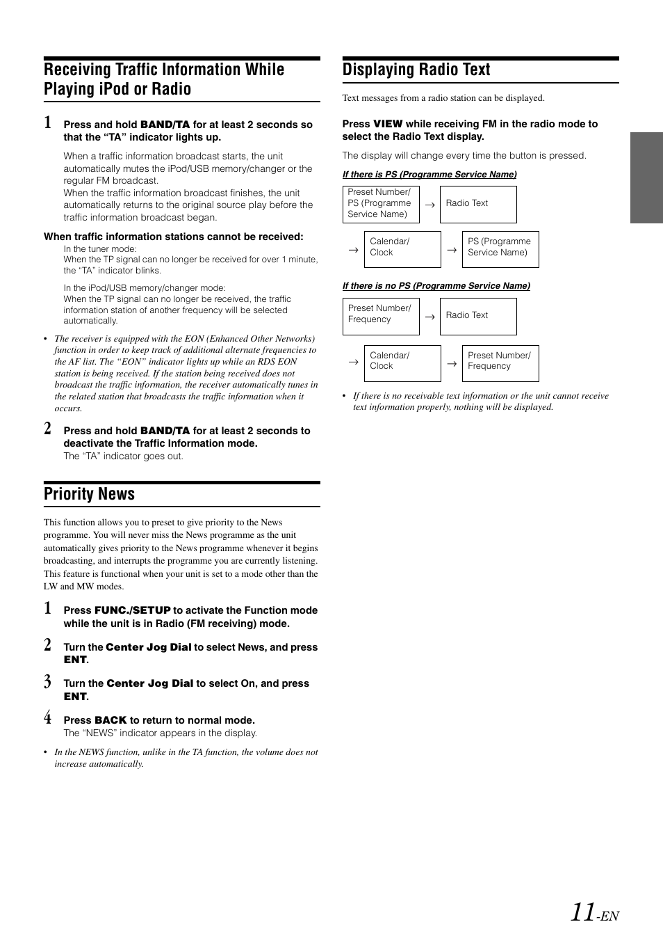 Priority news, Displaying radio text, Receiving traffic information while playing | Ipod or radio | Alpine iDA-X001 User Manual | Page 13 / 35