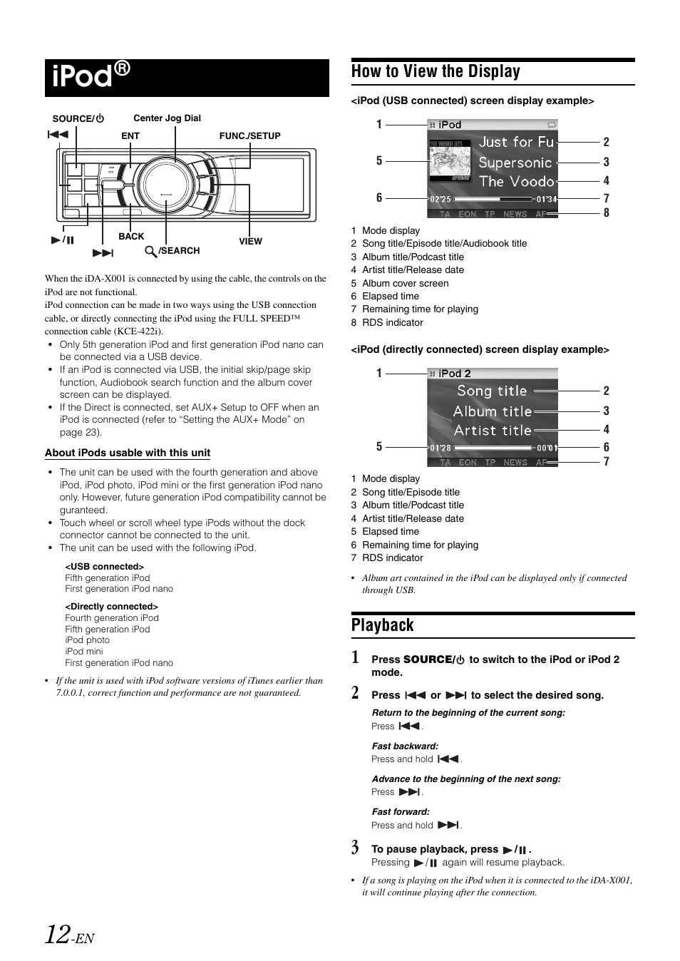 Ipod, How to view the display, Playback | Alpine iDA-X001 User Manual | Page 14 / 35