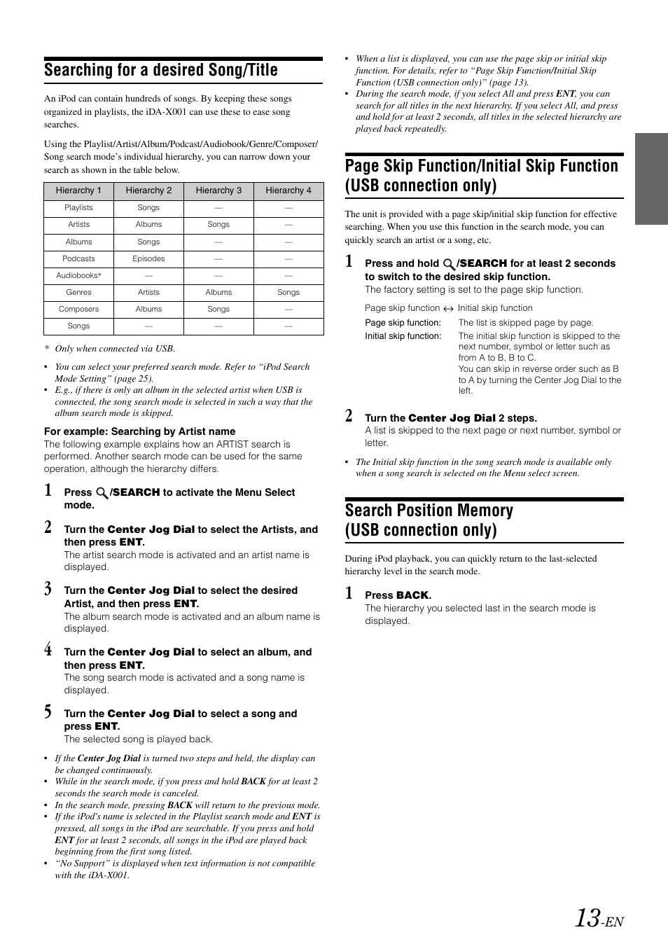 Searching for a desired song/title, Search position memory (usb connection only), Usb connection only) | Search position memory | Alpine iDA-X001 User Manual | Page 15 / 35