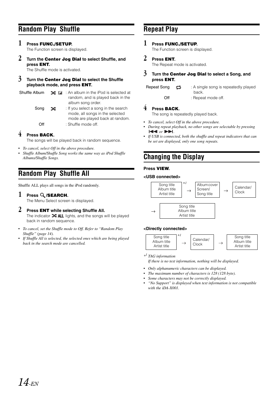 Random play shuffle, Random play shuffle all, Repeat play | Changing the display | Alpine iDA-X001 User Manual | Page 16 / 35