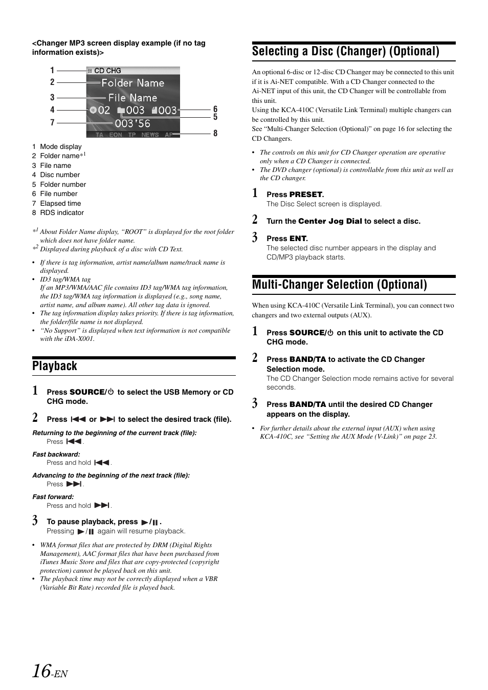 Playback, Selecting a disc (changer) (optional), Multi-changer selection (optional) | Alpine iDA-X001 User Manual | Page 18 / 35