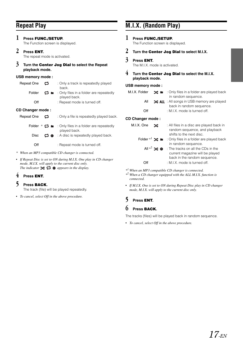 Repeat play, M.i.x. (random play) | Alpine iDA-X001 User Manual | Page 19 / 35
