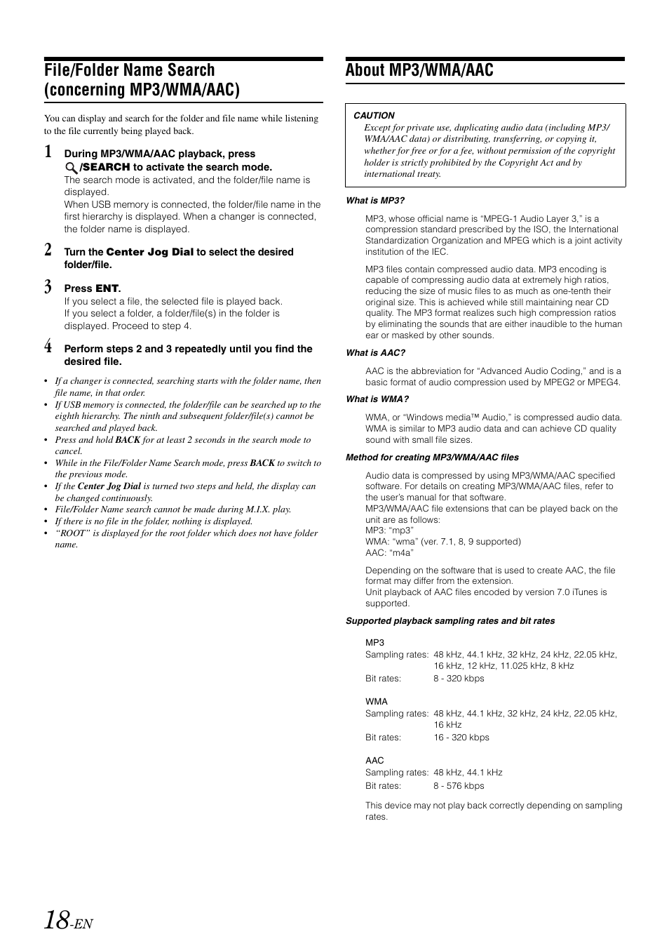 File/folder name search (concerning mp3/wma/aac), About mp3/wma/aac, File/folder name search | Concerning mp3/wma/aac) | Alpine iDA-X001 User Manual | Page 20 / 35