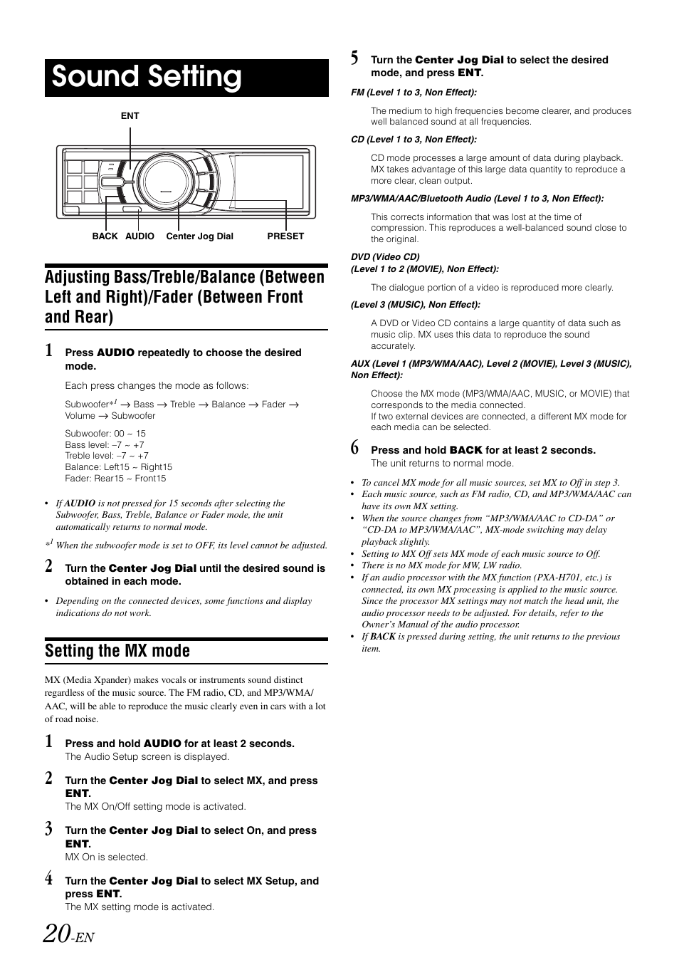 Sound setting, Setting the mx mode, Adjusting bass/treble | Balance (between left and right), Fader (between front and rear) | Alpine iDA-X001 User Manual | Page 22 / 35