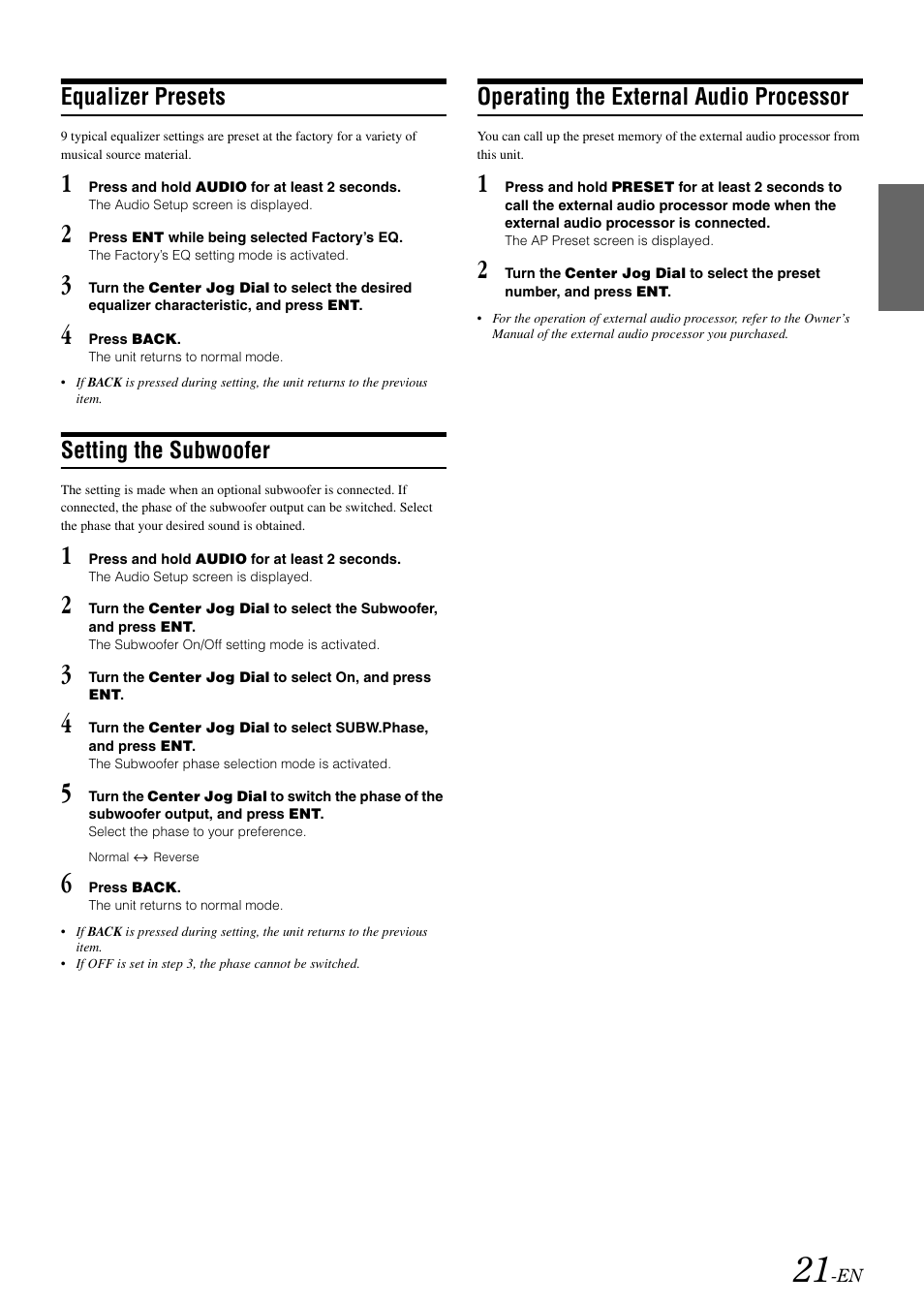 Equalizer presets, Setting the subwoofer, Operating the external audio processor | Alpine iDA-X001 User Manual | Page 23 / 35
