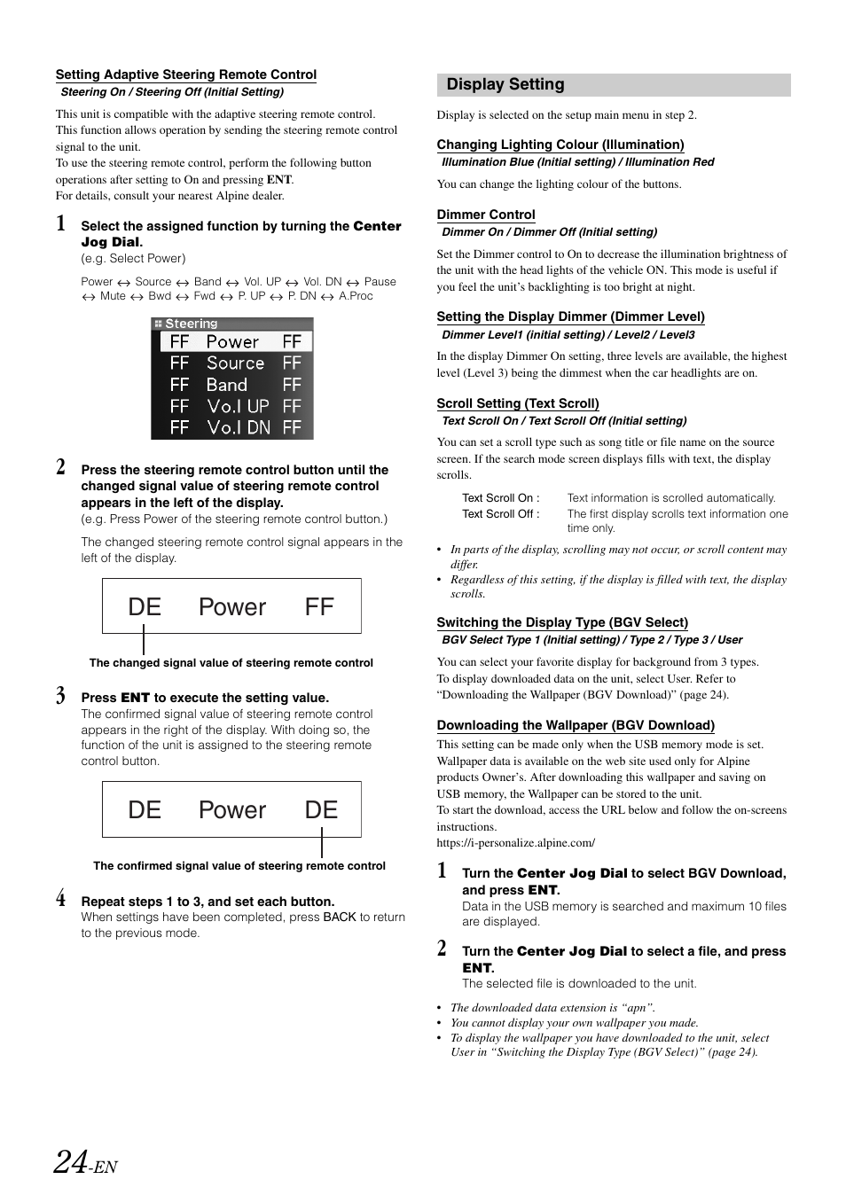 Display setting, Setting adaptive steering remote control, Bgv download) | De ff power, De power de | Alpine iDA-X001 User Manual | Page 26 / 35
