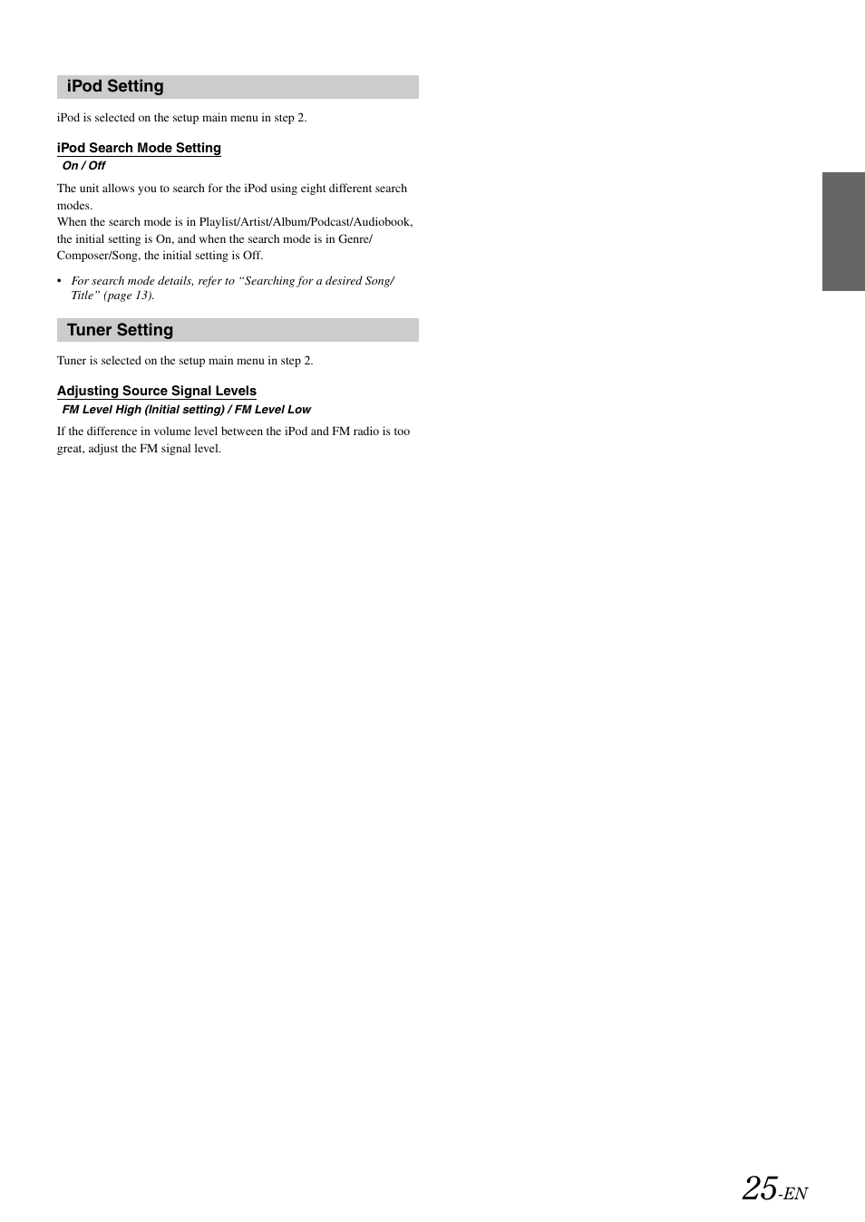 Ipod setting, Tuner setting, Ipod search mode setting | Adjusting source signal levels, Ipod search, Mode setting | Alpine iDA-X001 User Manual | Page 27 / 35