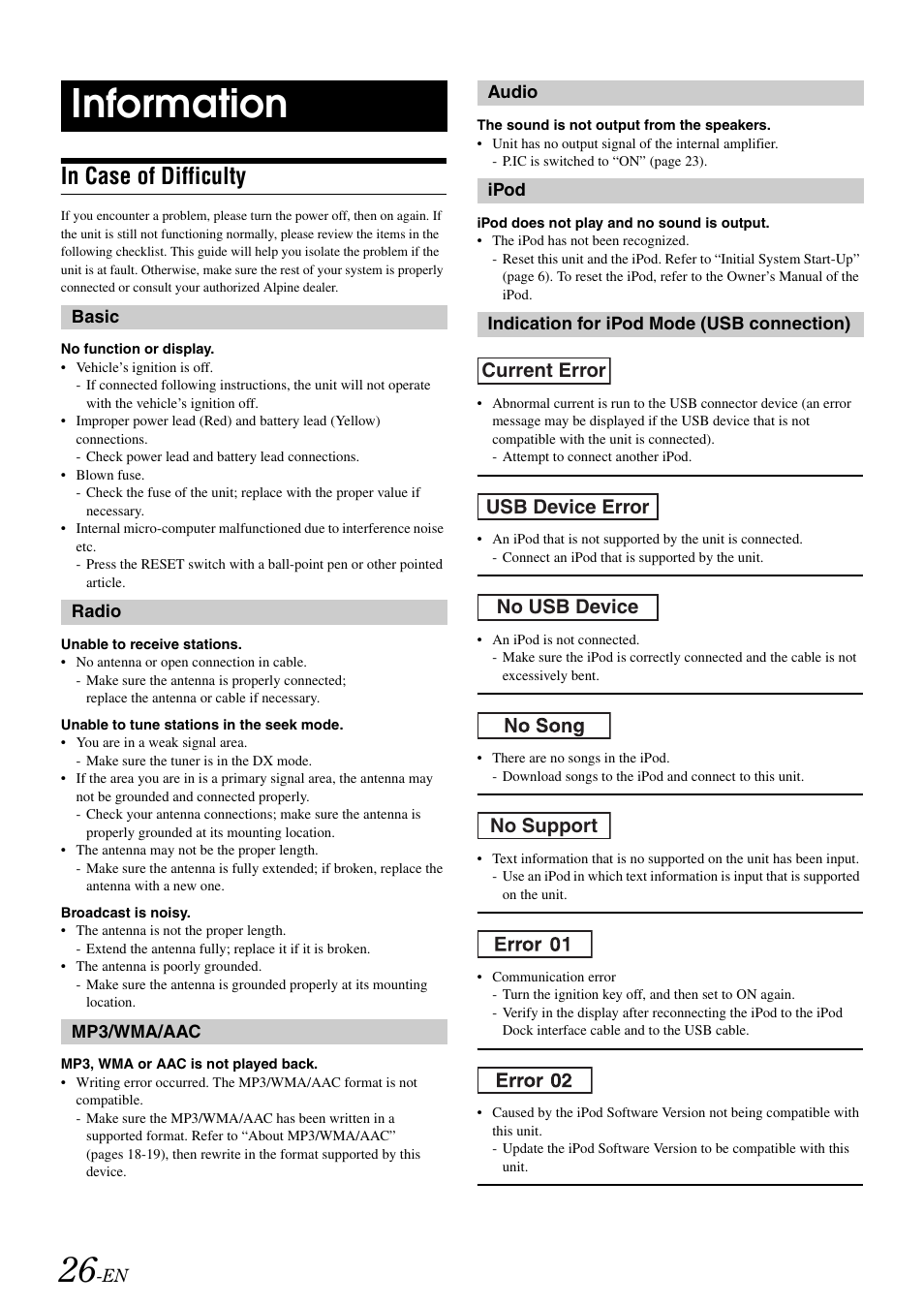 Information, In case of difficulty | Alpine iDA-X001 User Manual | Page 28 / 35