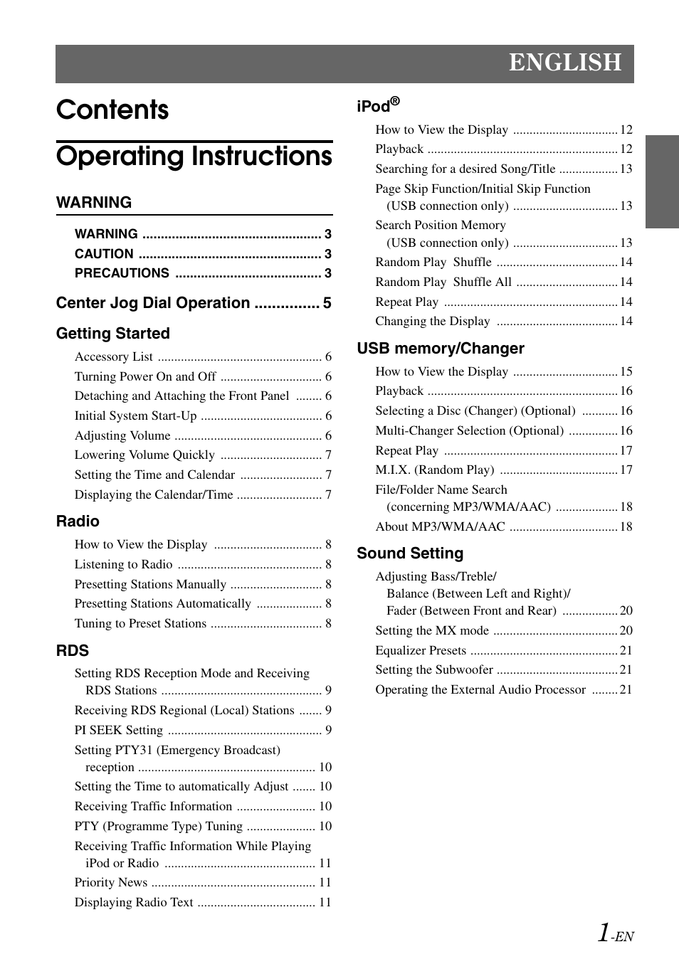 Contents operating instructions, English | Alpine iDA-X001 User Manual | Page 3 / 35