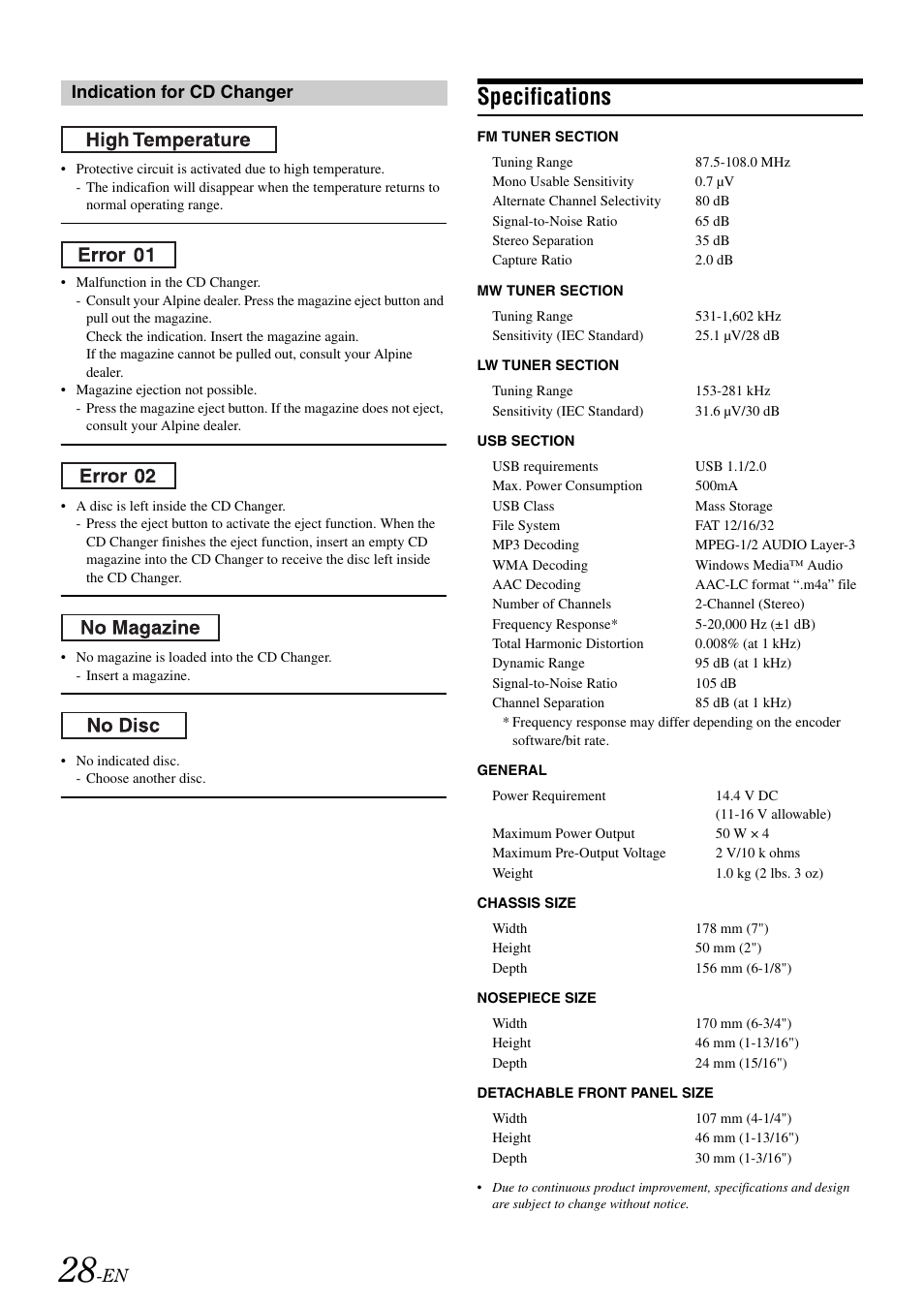 Specifications, Indication for cd changer | Alpine iDA-X001 User Manual | Page 30 / 35