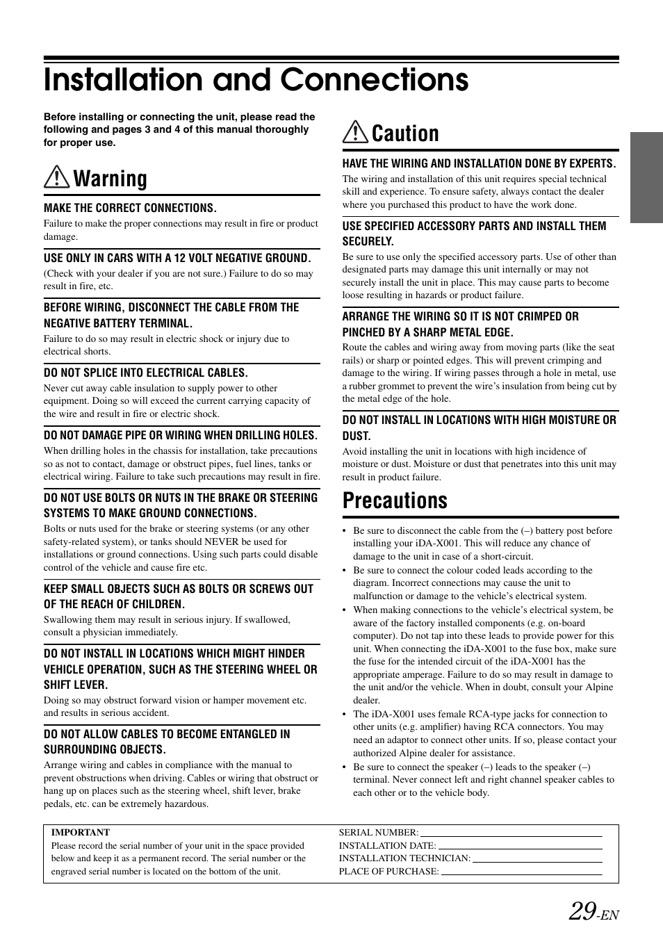 Installation and connections, Warning, Caution | Precautions | Alpine iDA-X001 User Manual | Page 31 / 35