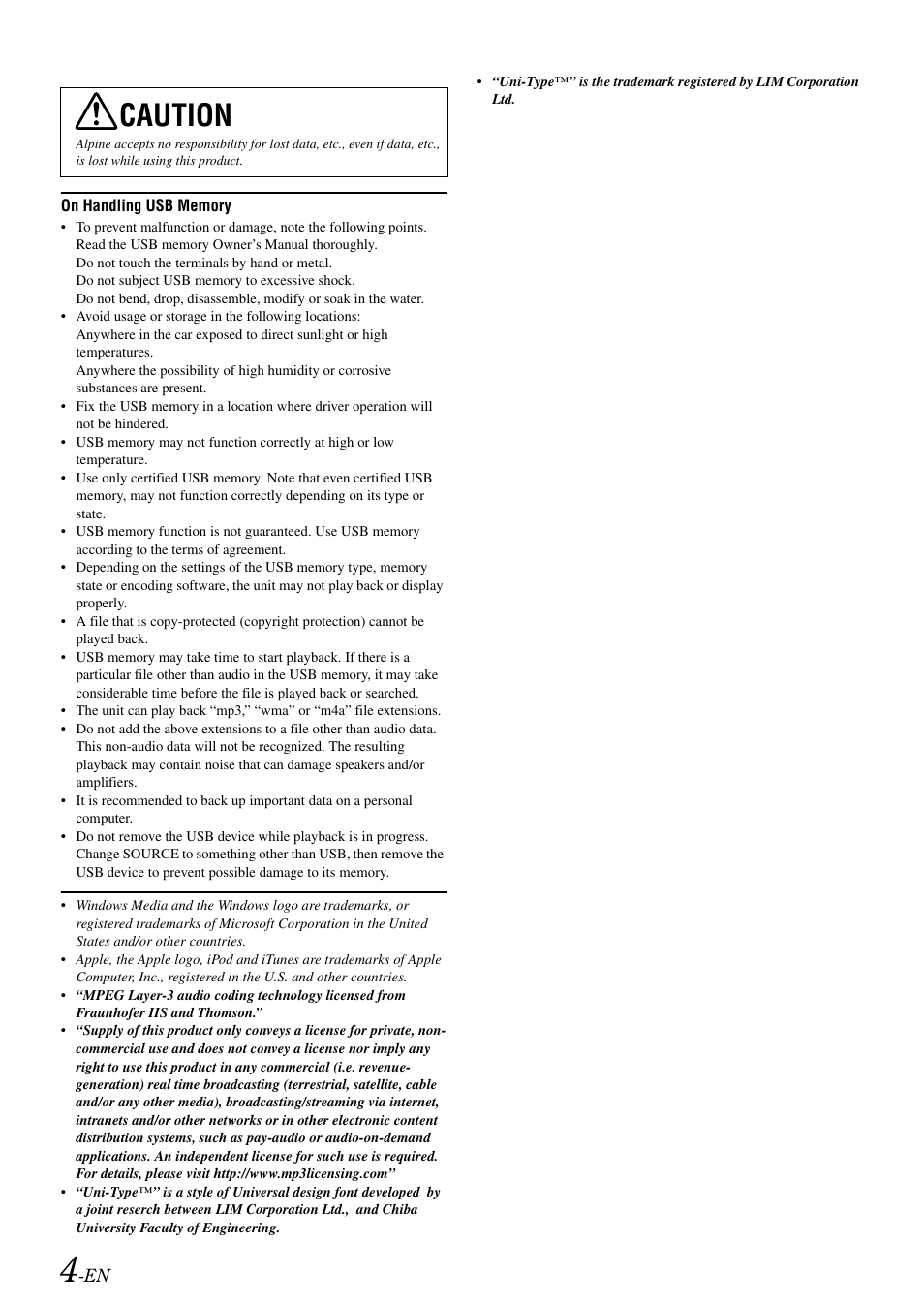 Caution | Alpine iDA-X001 User Manual | Page 6 / 35