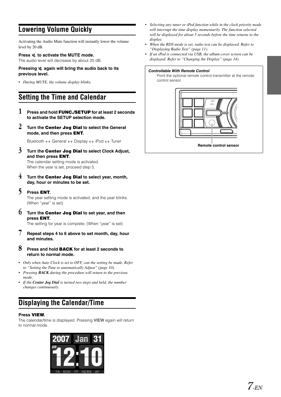 Lowering volume quickly, Setting the time and calendar, Displaying the calendar/time | Alpine iDA-X001 User Manual | Page 9 / 35