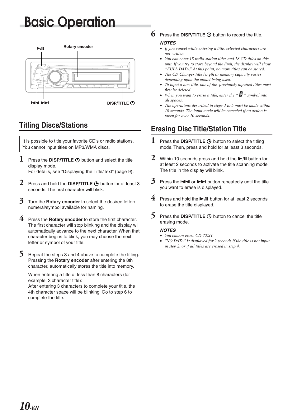 Basic operation, Titling discs/stations, Erasing disc title/station title | Alpine CDA-9827 User Manual | Page 12 / 40
