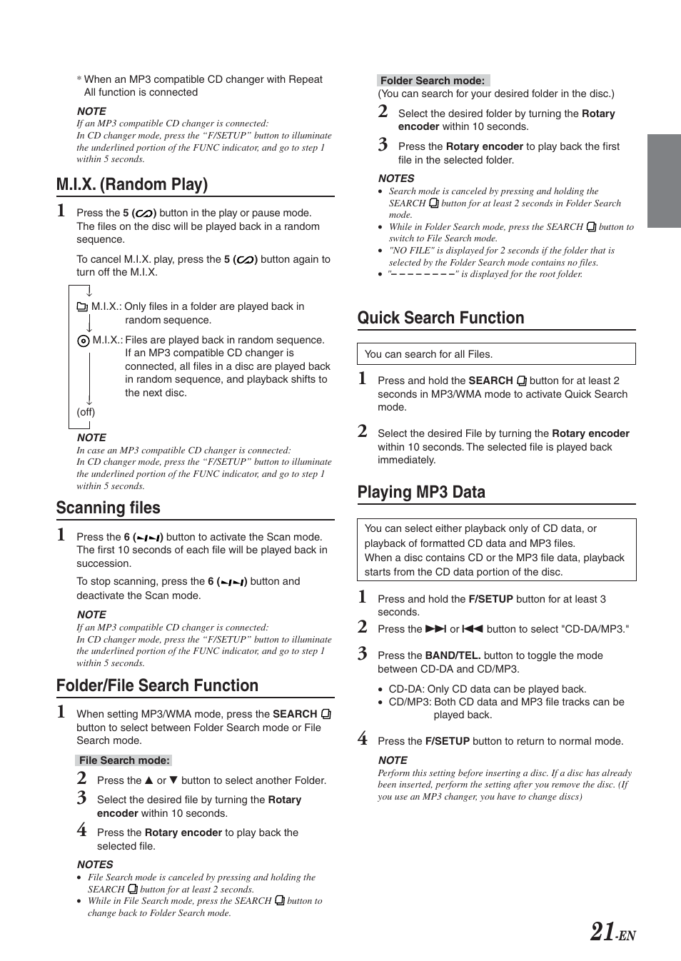 Quick search function, Playing mp3 data, M.i.x. (random play) | Scanning files, Folder/file search function | Alpine CDA-9827 User Manual | Page 23 / 40