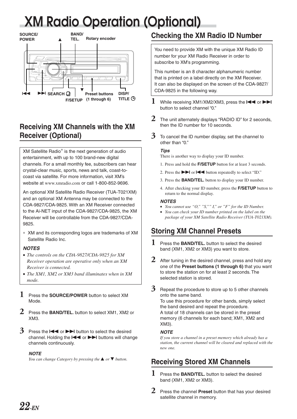 Xm radio operation (optional), Checking the xm radio id number, Storing xm channel presets | Receiving stored xm channels | Alpine CDA-9827 User Manual | Page 24 / 40