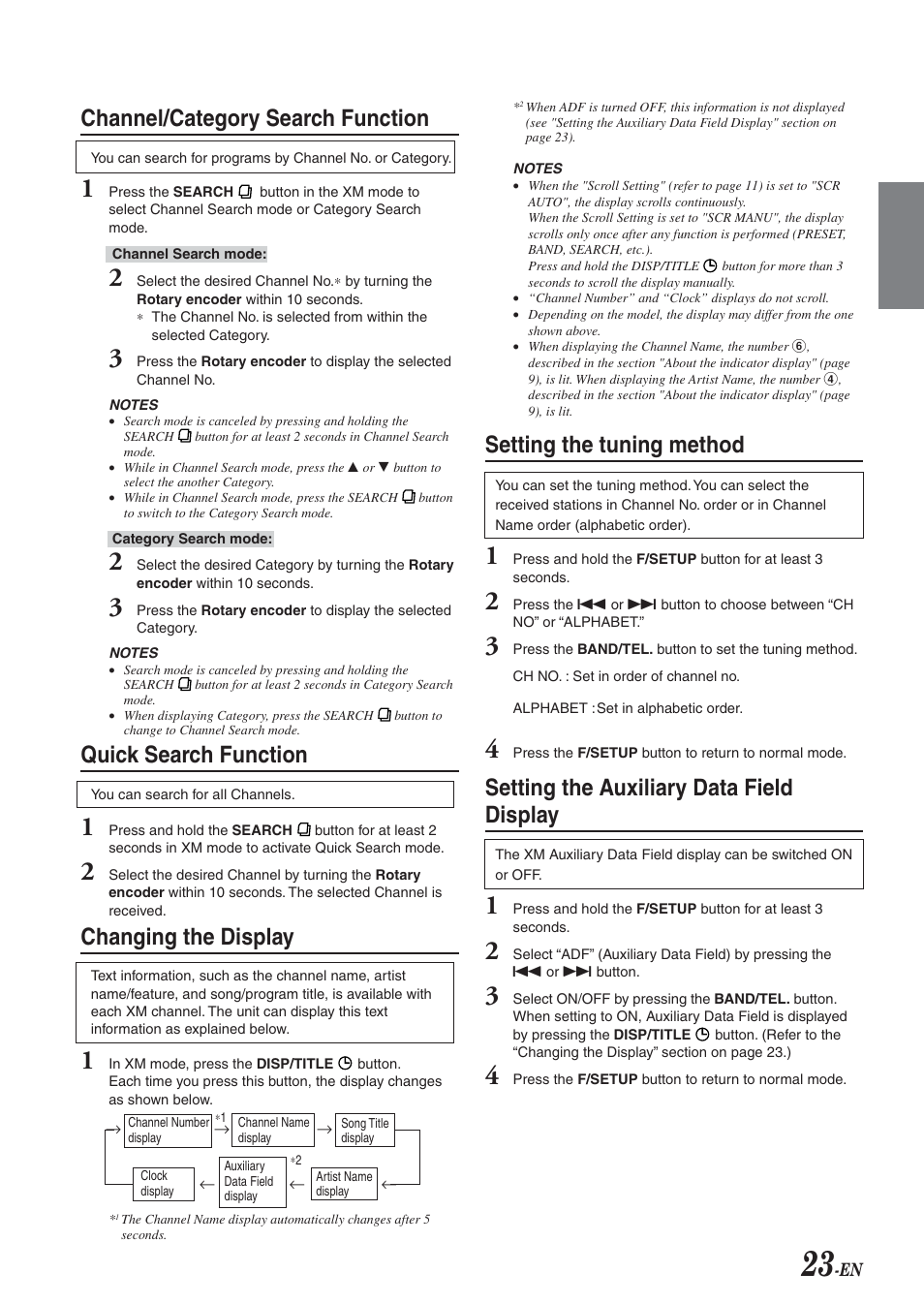Setting the tuning method, Setting the auxiliary data field display, Channel/category search function | Quick search function, Changing the display | Alpine CDA-9827 User Manual | Page 25 / 40