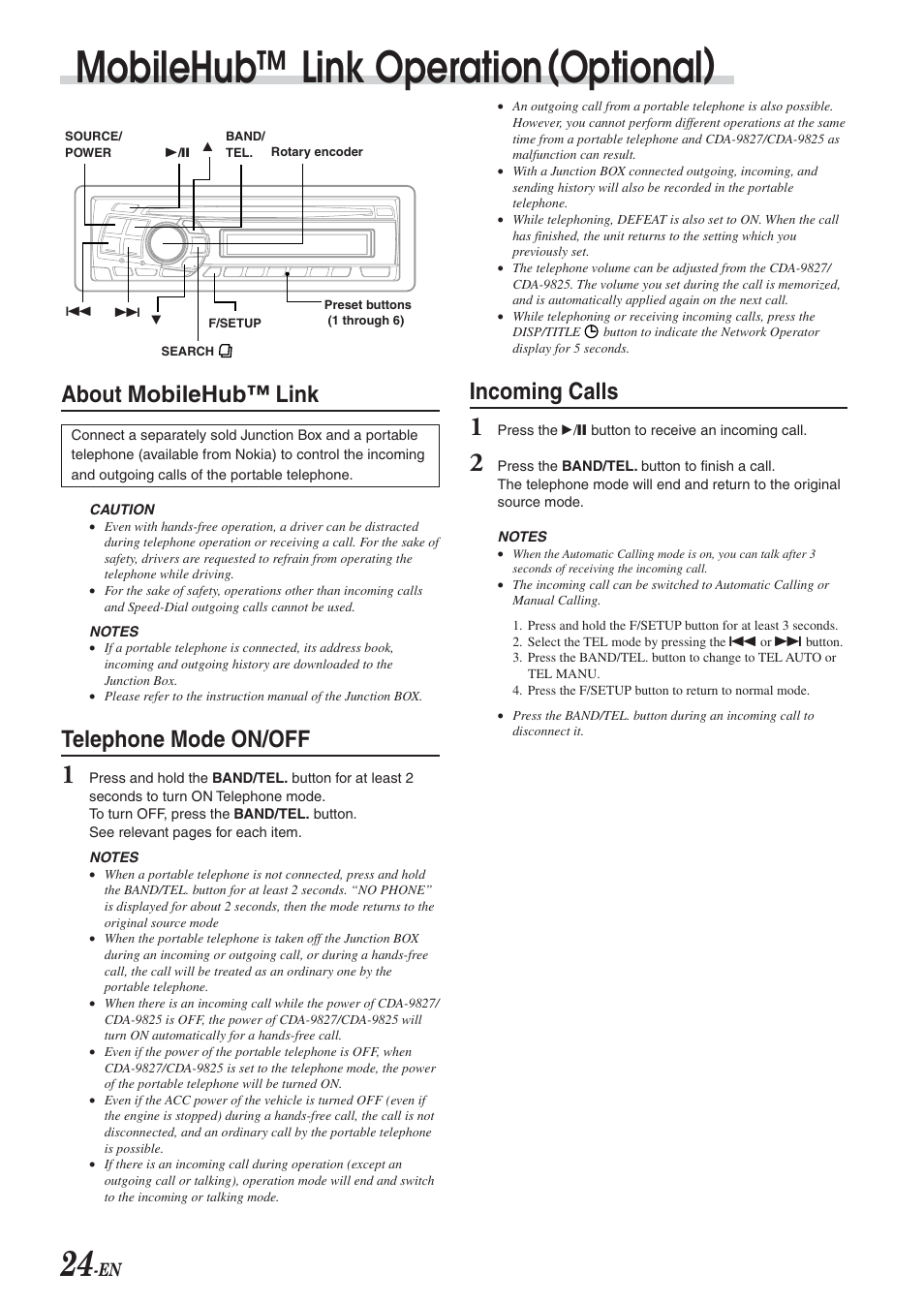 Mobilehub™ link operation(optional), About mobilehub™ link, Telephone mode on/off | Incoming calls | Alpine CDA-9827 User Manual | Page 26 / 40