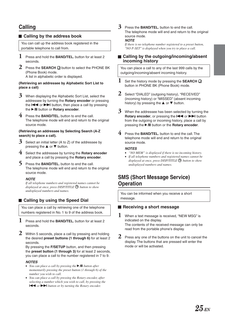 Calling, Sms (short message service) operation | Alpine CDA-9827 User Manual | Page 27 / 40
