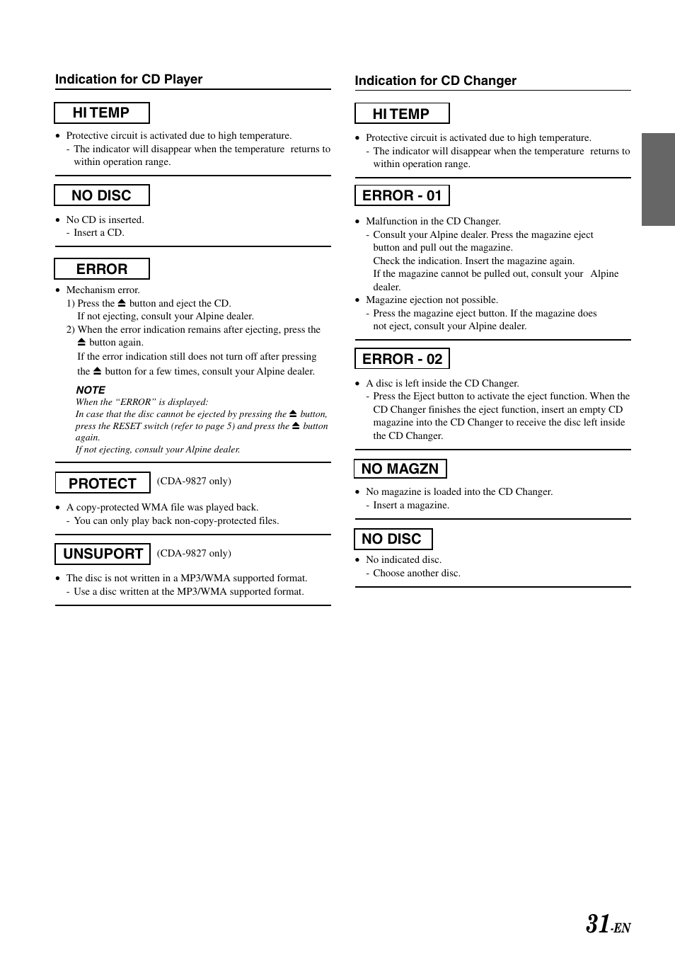 Hi temp error - 01 no magzn error - 02 no disc, Hi temp error no disc protect unsuport | Alpine CDA-9827 User Manual | Page 33 / 40