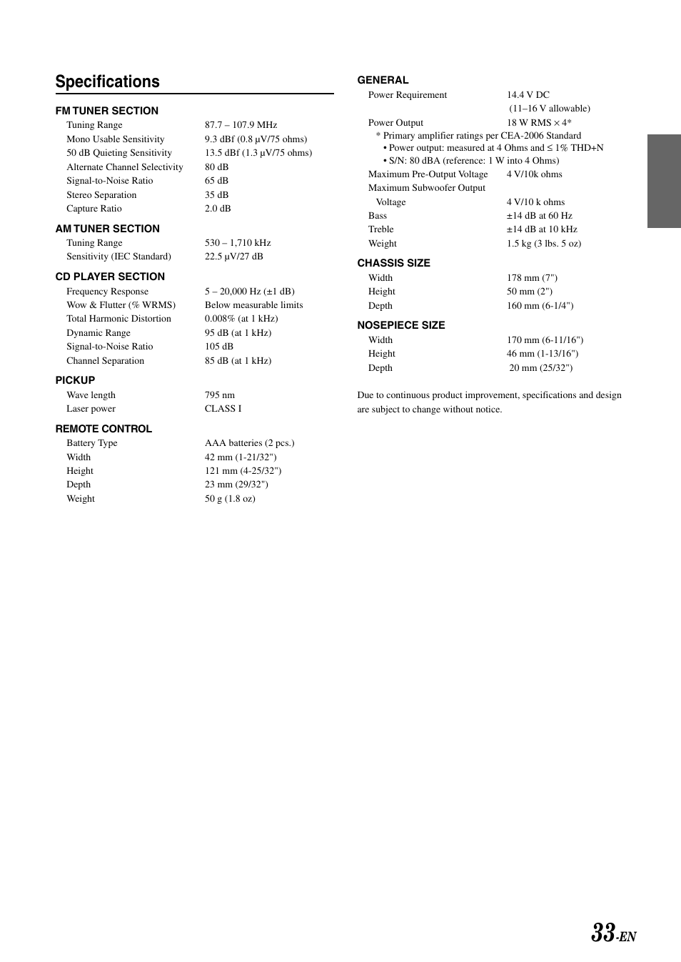Specifications | Alpine CDA-9827 User Manual | Page 35 / 40