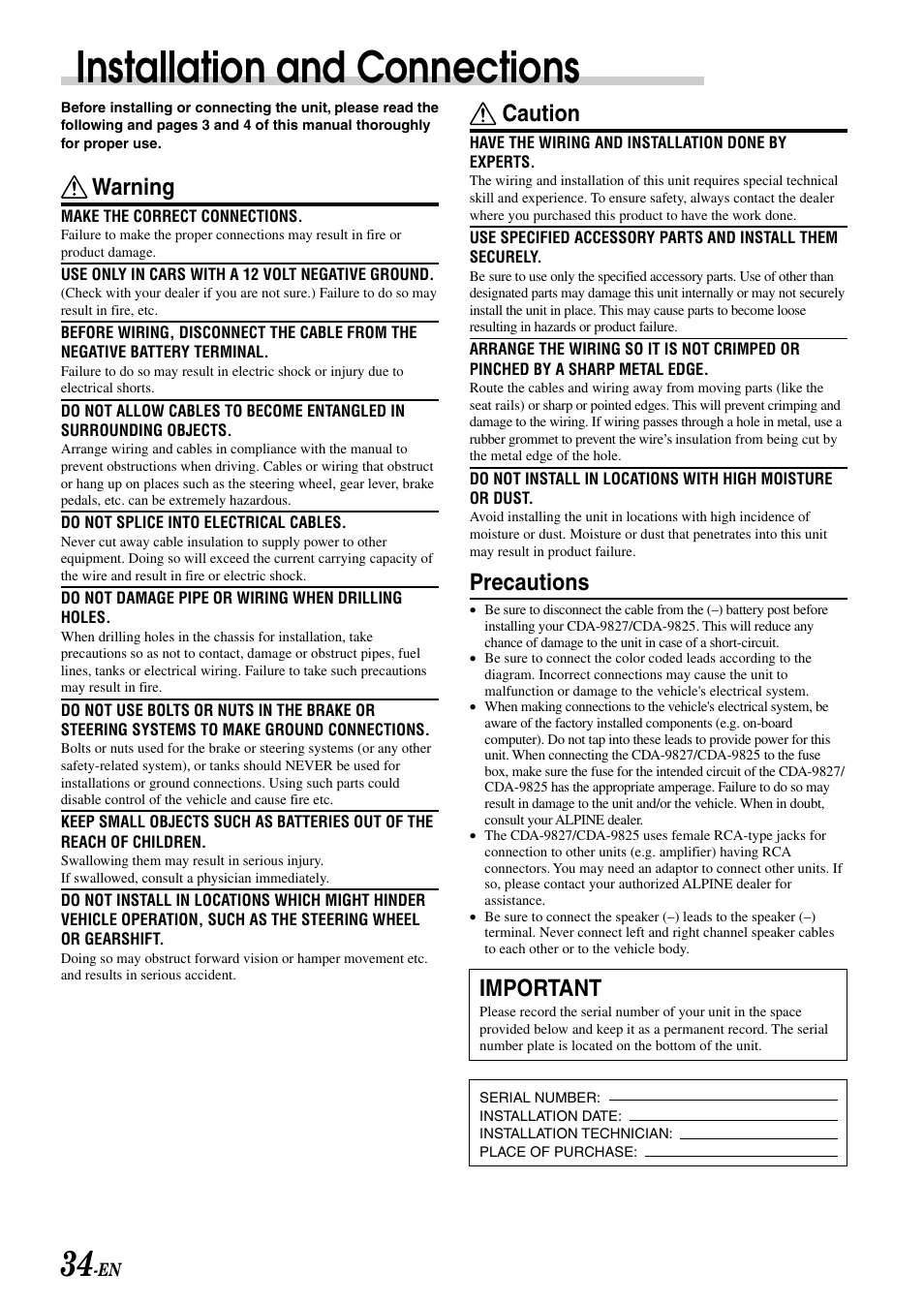 Installation and connections, Caution, Precautions | Important, Warning | Alpine CDA-9827 User Manual | Page 36 / 40