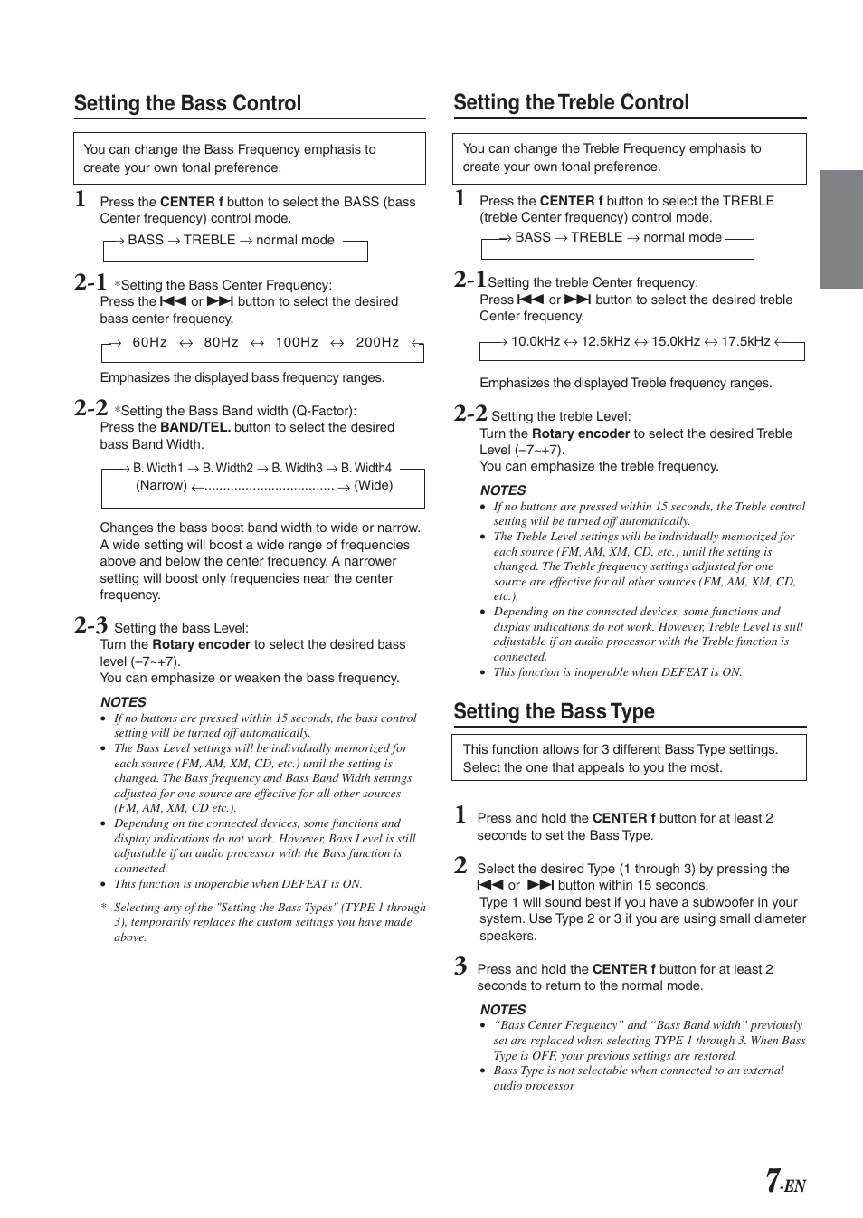 Setting the bass control, Setting the treble control, Setting the bass type | Alpine CDA-9827 User Manual | Page 9 / 40