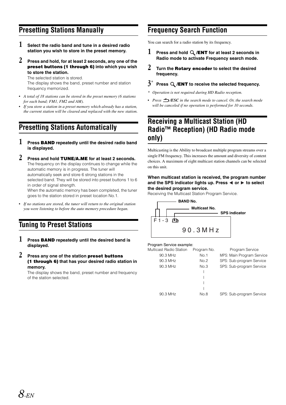 Presetting stations manually, Presetting stations automatically, Tuning to preset stations | Frequency search function, Receiving a multicast station (hd radio, Reception) (hd radio mode only), 9 0 . 3 m h z | Alpine CDA-105 User Manual | Page 10 / 47