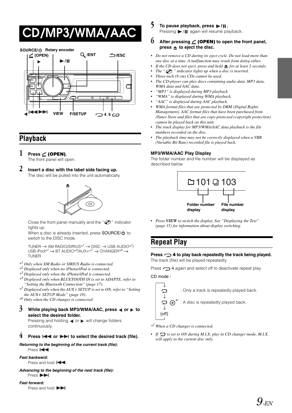 Cd/mp3/wma/aac, Playback, Repeat play | Alpine CDA-105 User Manual | Page 11 / 47