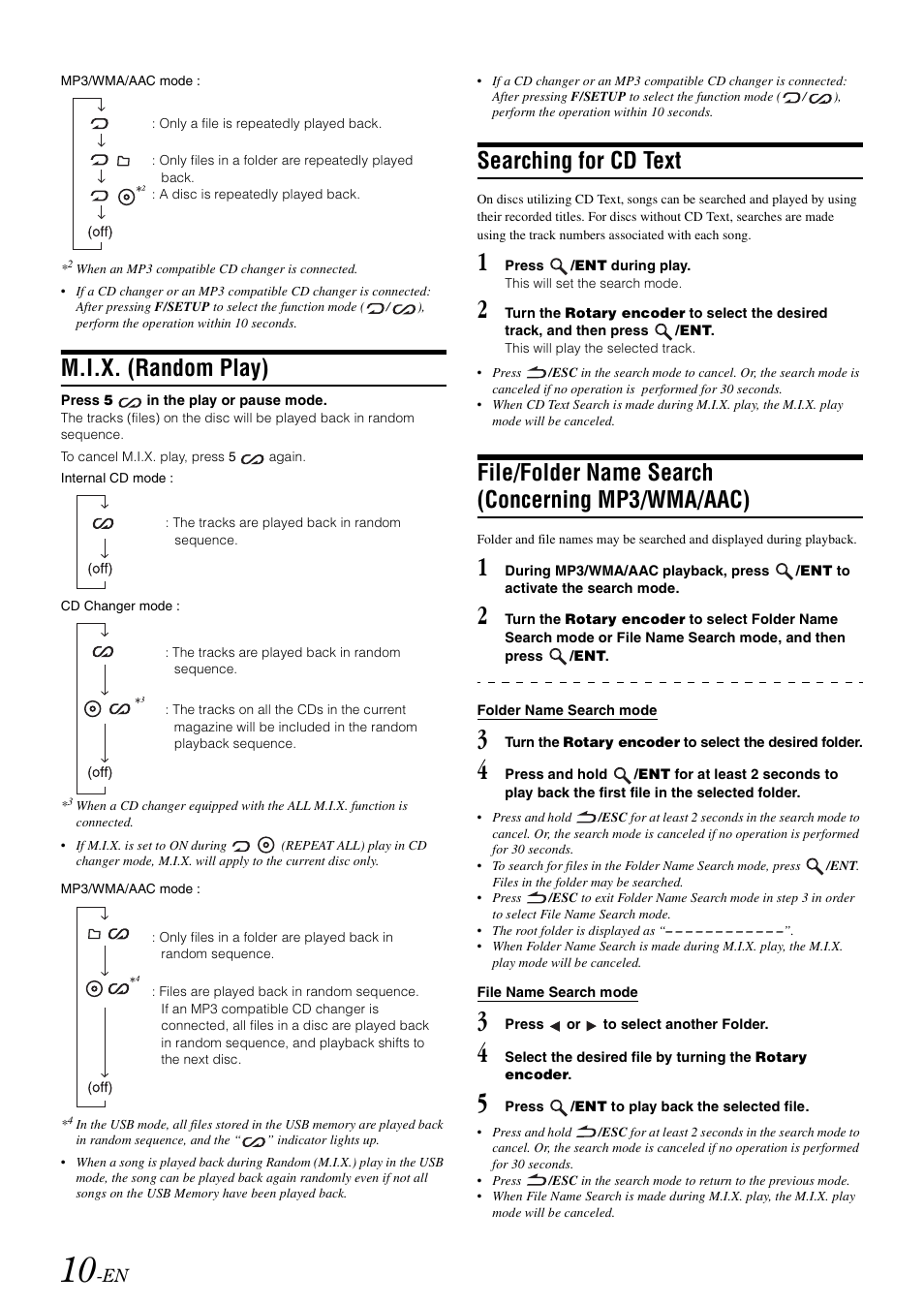 M.i.x. (random play), Searching for cd text, File/folder name search (concerning mp3/wma/aac) | File/folder name search, Concerning mp3/wma/aac) | Alpine CDA-105 User Manual | Page 12 / 47