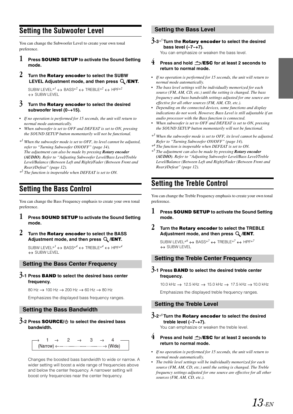 Setting the subwoofer level, Setting the bass control, Setting the bass center frequency | Setting the bass bandwidth, Setting the bass level, Setting the treble control, Setting the treble center frequency, Setting the treble level | Alpine CDA-105 User Manual | Page 15 / 47