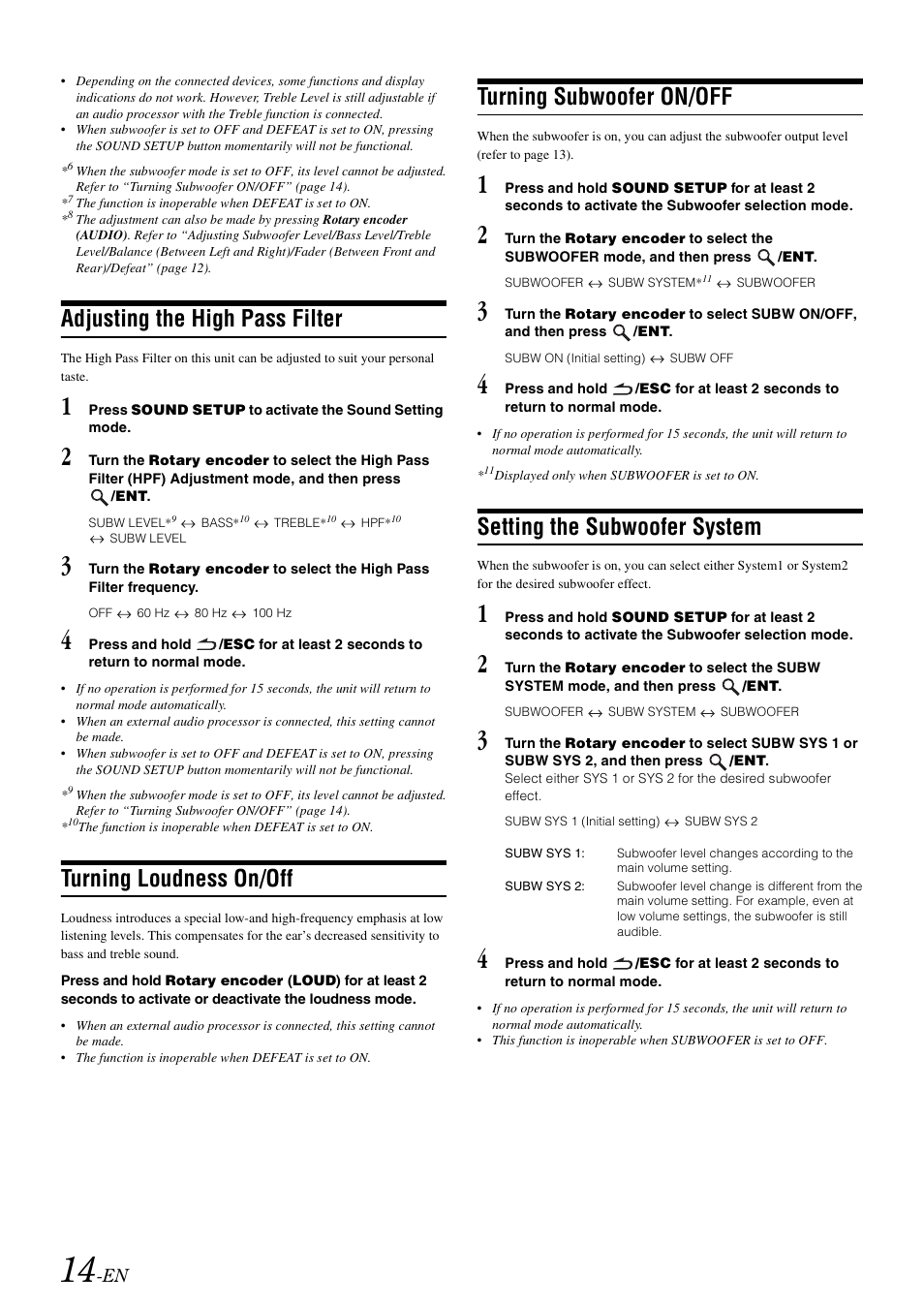 Adjusting the high pass filter, Turning loudness on/off, Turning subwoofer on/off | Setting the subwoofer system | Alpine CDA-105 User Manual | Page 16 / 47