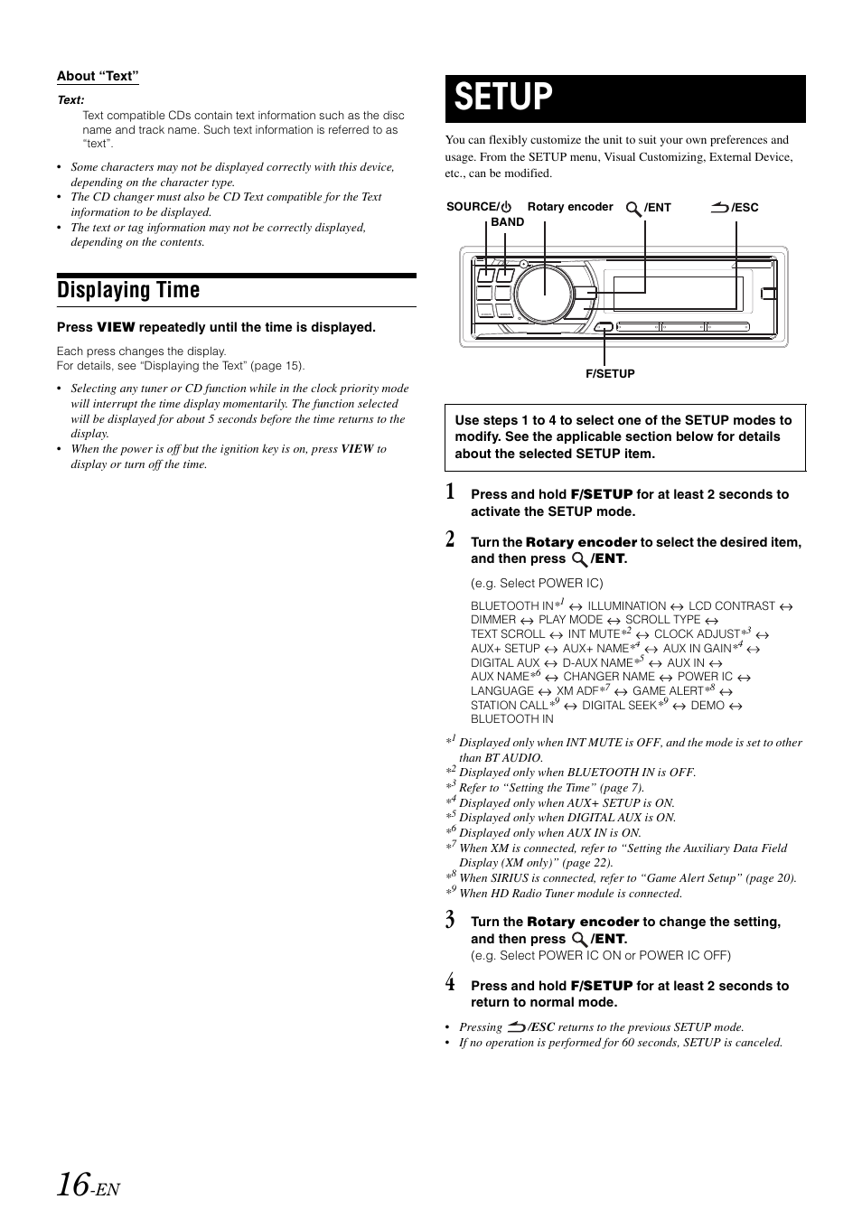 Displaying time, Setup | Alpine CDA-105 User Manual | Page 18 / 47