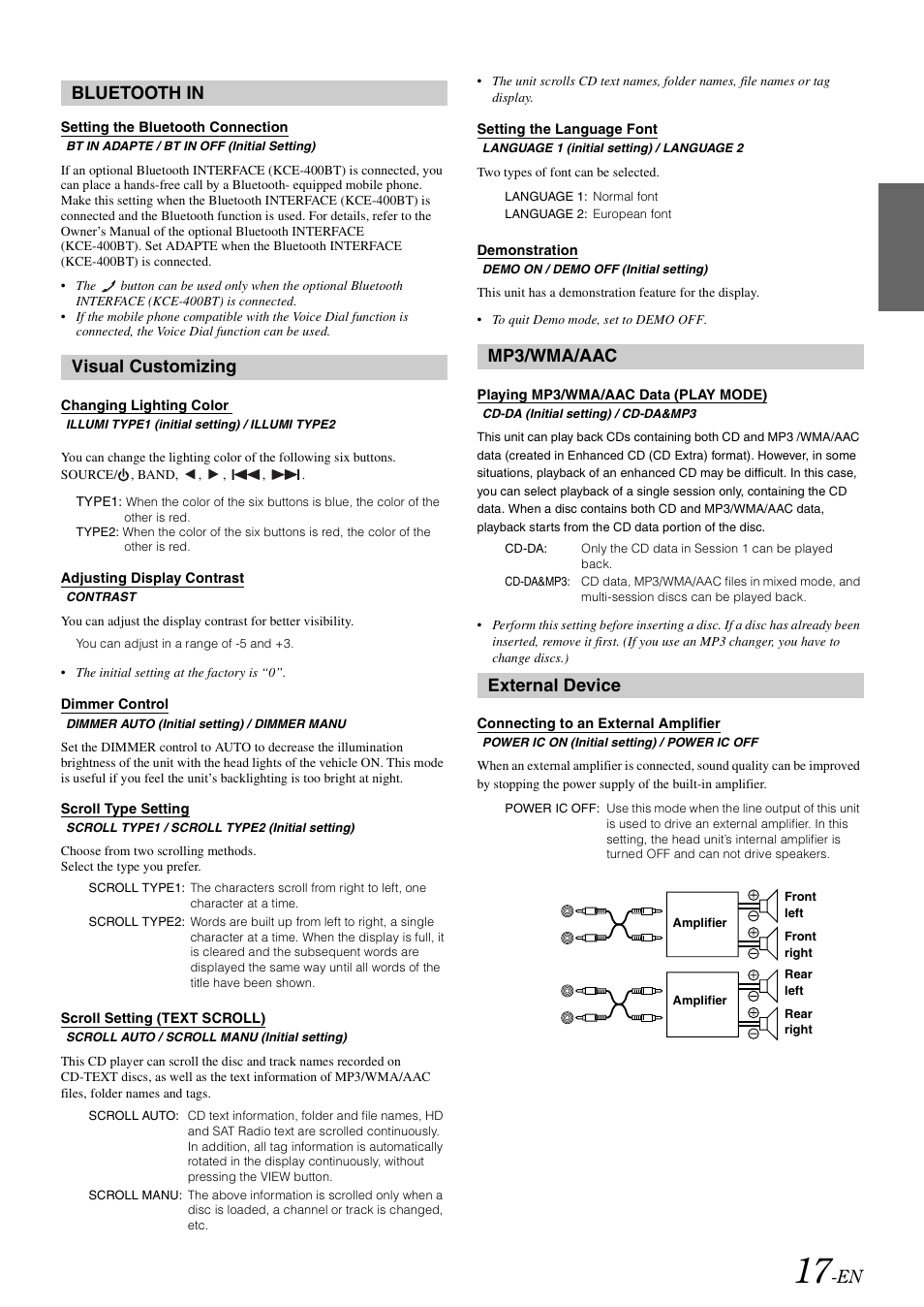 Bluetooth in, Setting the bluetooth connection, Visual customizing | Changing lighting color, Adjusting display contrast, Dimmer control, Scroll type setting, Scroll setting (text scroll), Setting the language font, Demonstration | Alpine CDA-105 User Manual | Page 19 / 47