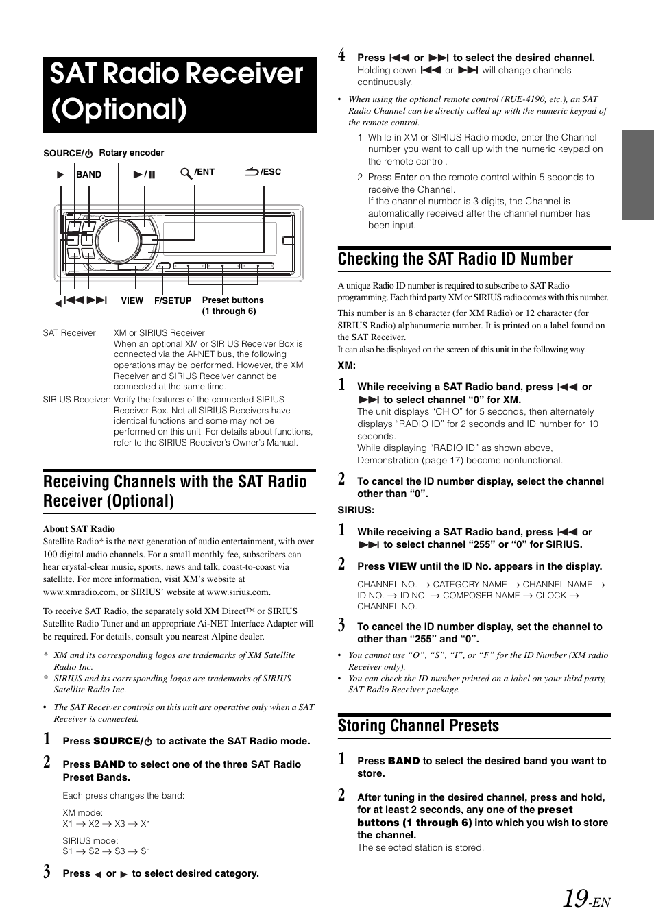 Sat radio receiver (optional), Checking the sat radio id number, Storing channel presets | Receiving channels with the sat radio, Receiver (optional) | Alpine CDA-105 User Manual | Page 21 / 47
