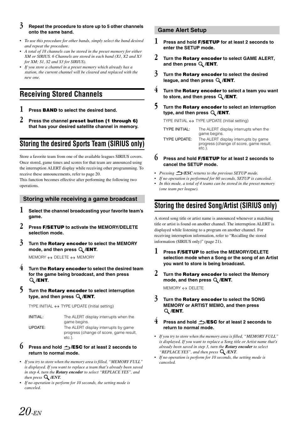 Receiving stored channels, Storing the desired sports team (sirius only), Storing while receiving a game broadcast | Game alert setup, Storing the desired song/artist (sirius only), Storing the desired sports team, Storing the desired song/artist, Sirius only) | Alpine CDA-105 User Manual | Page 22 / 47