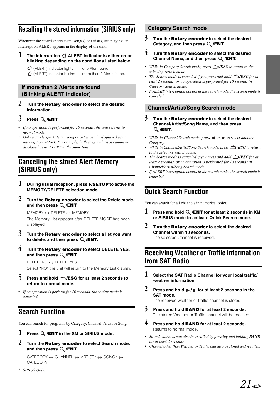 Recalling the stored information (sirius only), Canceling the stored alert memory (sirius only), Search function | Category search mode, Channel/artist/song search mode, Quick search function, Recalling the stored information, Sirius only) if more than 2 alerts are found, Blinking alert indicator), Canceling the stored alert memory | Alpine CDA-105 User Manual | Page 23 / 47