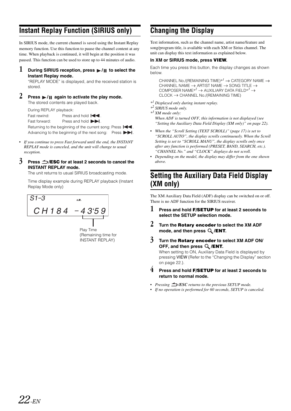 Instant replay function (sirius only), Changing the display, Setting the auxiliary data field display (xm only) | Setting the auxiliary data field display, Xm only), S1 3 | Alpine CDA-105 User Manual | Page 24 / 47