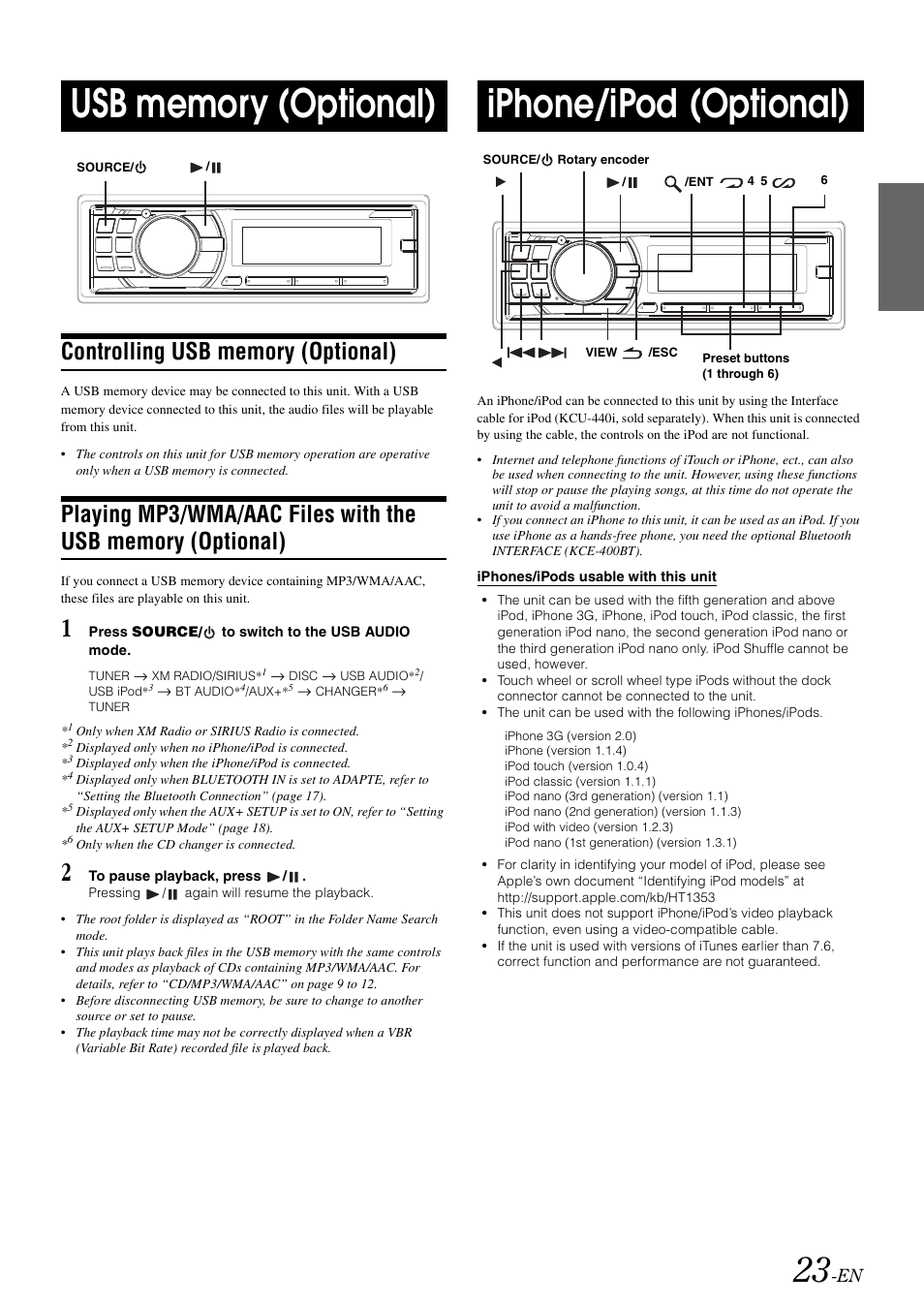 Usb memory (optional), Controlling usb memory (optional), Iphone/ipod (optional) | Playing mp3/wma/aac files with the usb, Memory (optional) | Alpine CDA-105 User Manual | Page 25 / 47