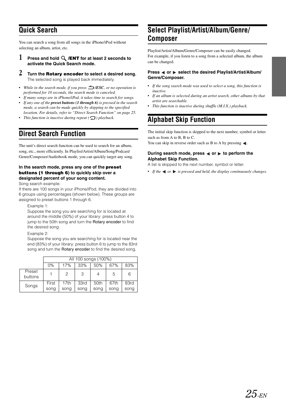 Quick search, Direct search function, Select playlist/artist/album/genre/ composer | Alphabet skip function, Select playlist/artist/album/genre, Composer | Alpine CDA-105 User Manual | Page 27 / 47
