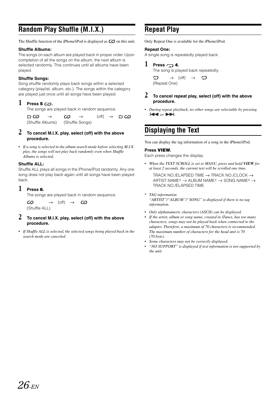 Random play shuffle (m.i.x.), Repeat play, Displaying the text | Alpine CDA-105 User Manual | Page 28 / 47