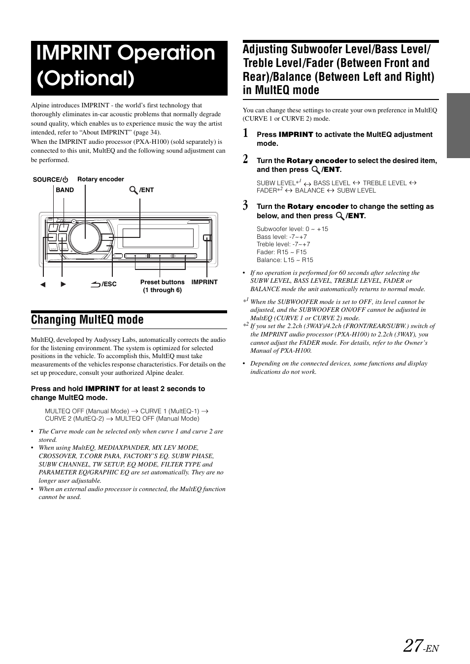 Imprint operation (optional), Changing multeq mode, Adjusting subwoofer level/bass level/treble | Alpine CDA-105 User Manual | Page 29 / 47