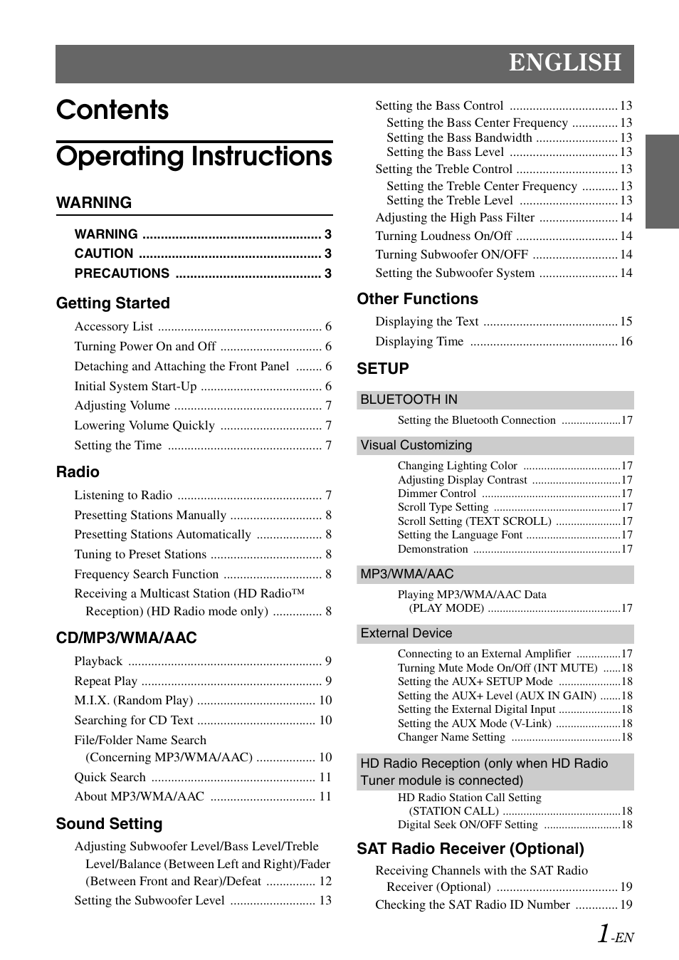 Contents operating instructions, English | Alpine CDA-105 User Manual | Page 3 / 47