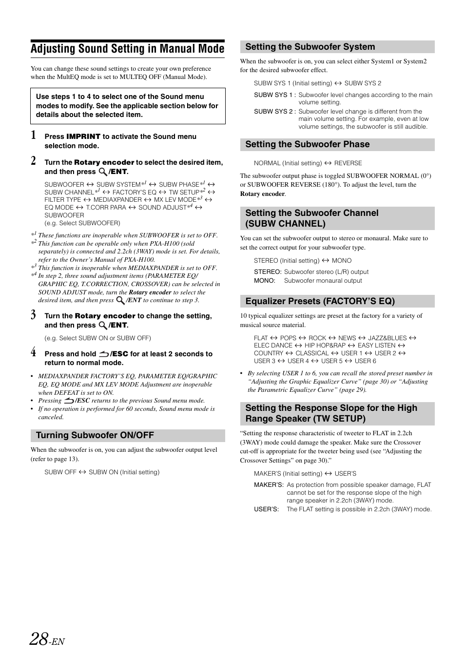 Adjusting sound setting in manual mode, Turning subwoofer on/off, Setting the subwoofer system | Setting the subwoofer phase, Setting the subwoofer channel (subw channel), Equalizer presets (factory’s eq), Subw channel), Range speaker (tw setup) | Alpine CDA-105 User Manual | Page 30 / 47