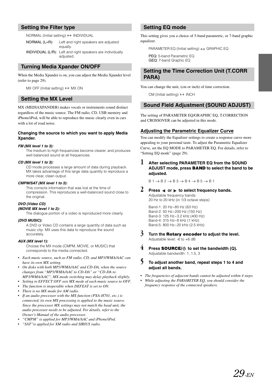 Setting the filter type, Turning media xpander on/off, Setting the mx level | Setting eq mode, Setting the time correction unit (t.corr para), Sound field adjustment (sound adjust), Adjusting the parametric equalizer curve, T.corr para), Sound field adjustment, Sound adjust) | Alpine CDA-105 User Manual | Page 31 / 47