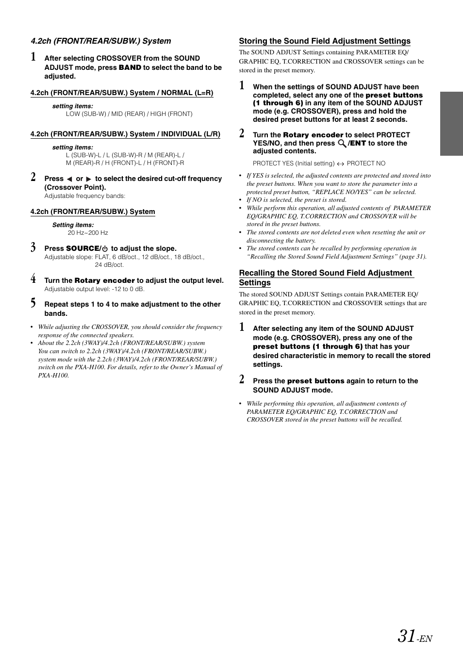 Storing the sound field adjustment settings, Storing the sound field adjustment, Settings | Recalling the stored sound field adjustment | Alpine CDA-105 User Manual | Page 33 / 47