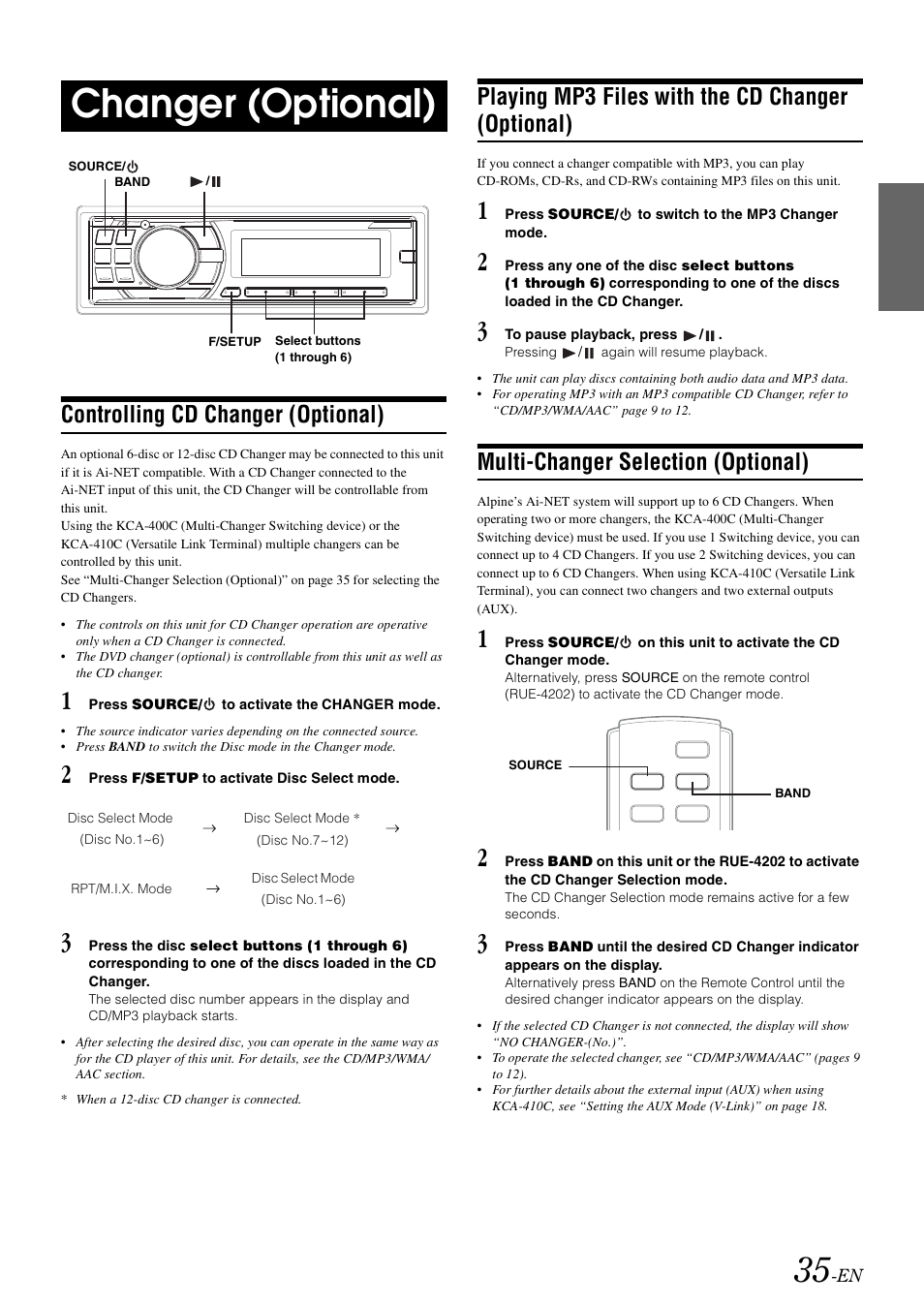 Changer (optional), Controlling cd changer (optional), Playing mp3 files with the cd changer (optional) | Multi-changer selection (optional), Playing mp3 files with the cd changer, Optional) | Alpine CDA-105 User Manual | Page 37 / 47