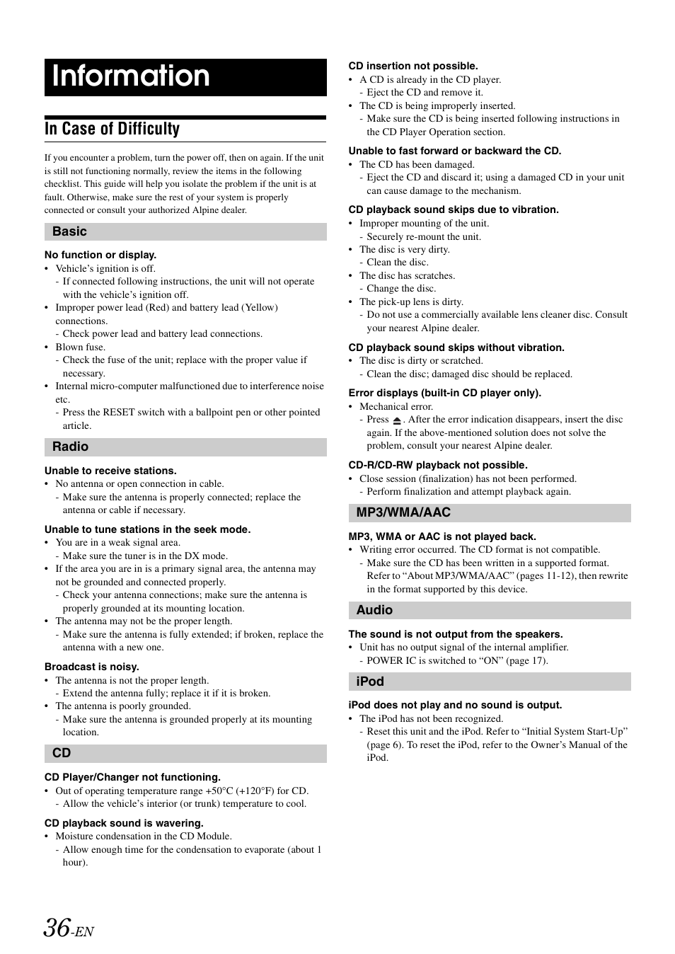 Information, In case of difficulty | Alpine CDA-105 User Manual | Page 38 / 47