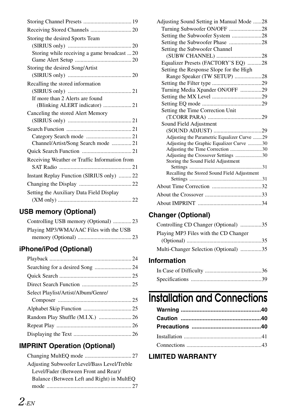 Installation and connections, Iphone/ipod (optional), Imprint operation (optional) | Changer (optional), Information, Limited warranty | Alpine CDA-105 User Manual | Page 4 / 47
